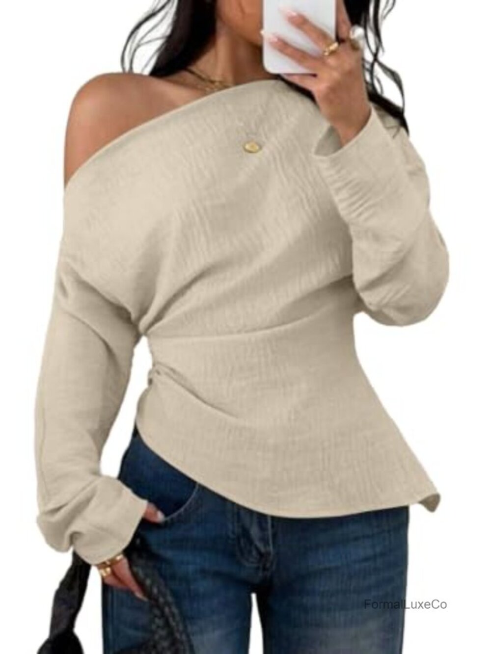 Off Shoulder Long Sleeve Blouse Textured Going Out Top